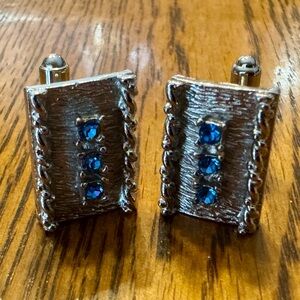 Silver Tone Blue Crystal Textured Cufflinks Rectangular Statement Cuff Links